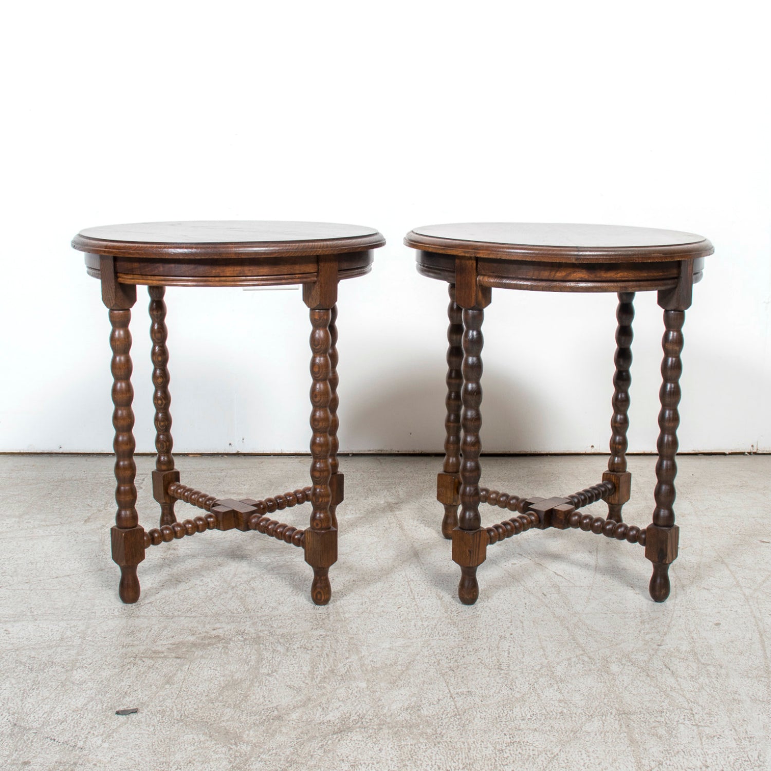 Pair of French Louis XIII Style Round Bobbin Leg Side Tables