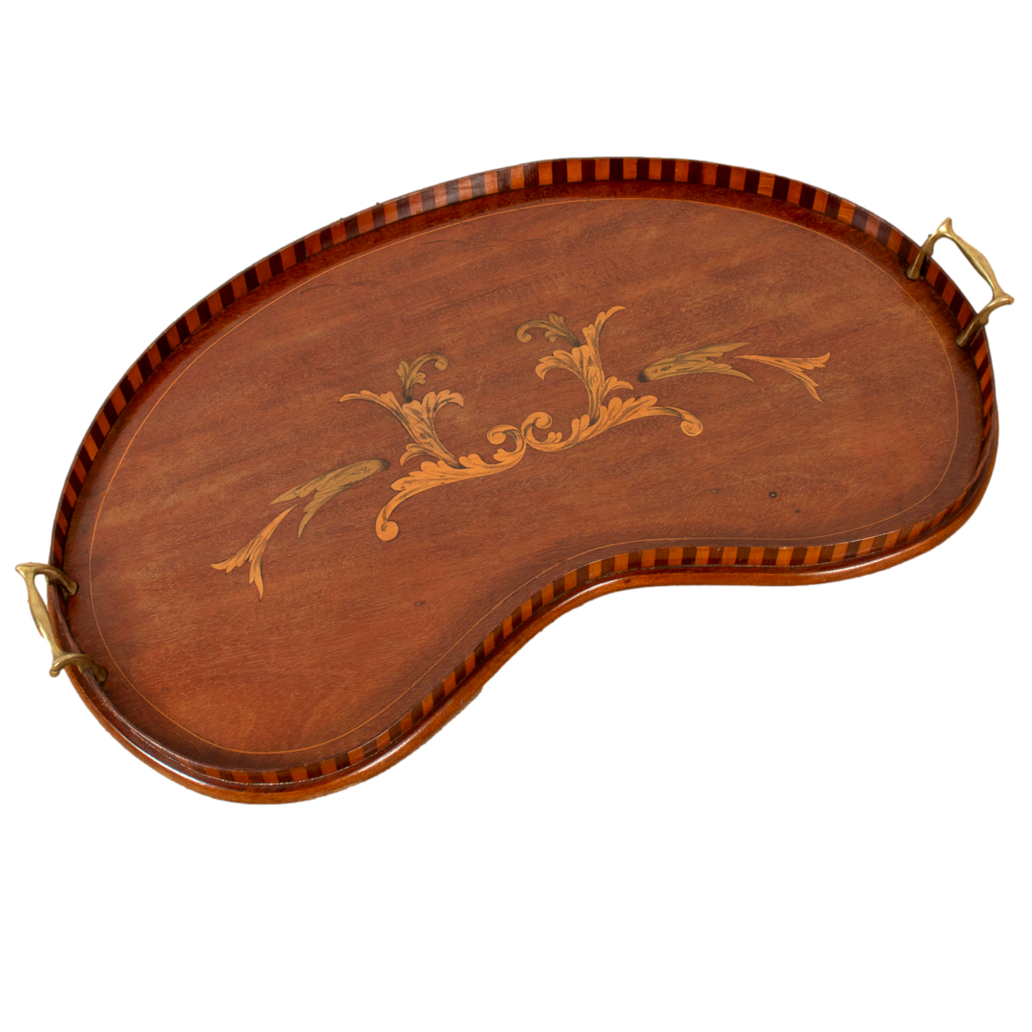 19th Century English George III Mahogany Kidney Shaped Butler's Tray with Brass Handles and Marquetry Inlay