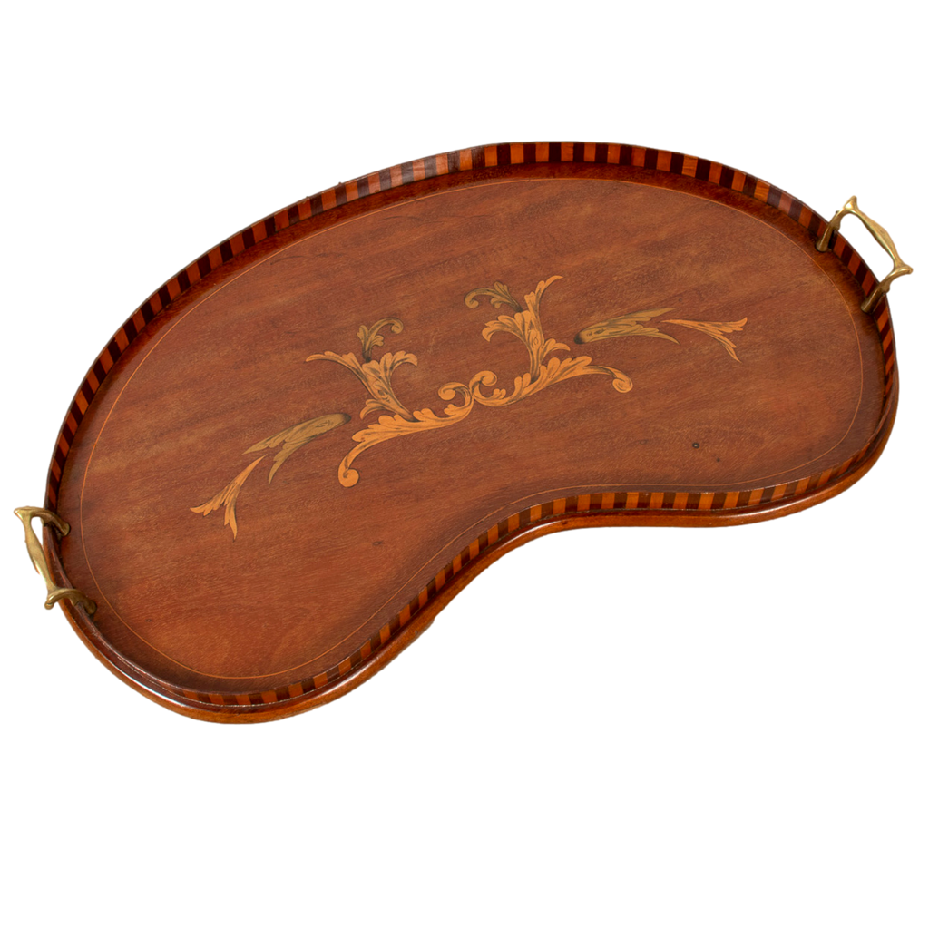 19th Century English George III Mahogany Kidney Shaped Butler's Tray with Brass Handles and Marquetry Inlay
