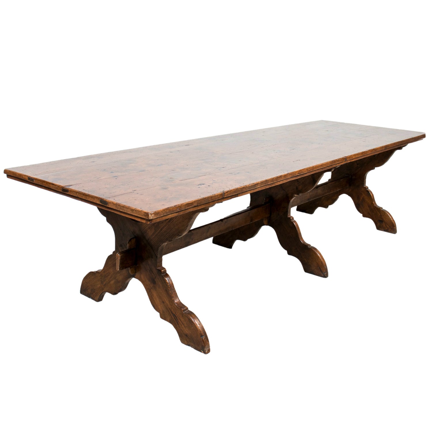 Grand 19th Century Italian Walnut Trestle Table with Scrolled X-Base from Tuscany