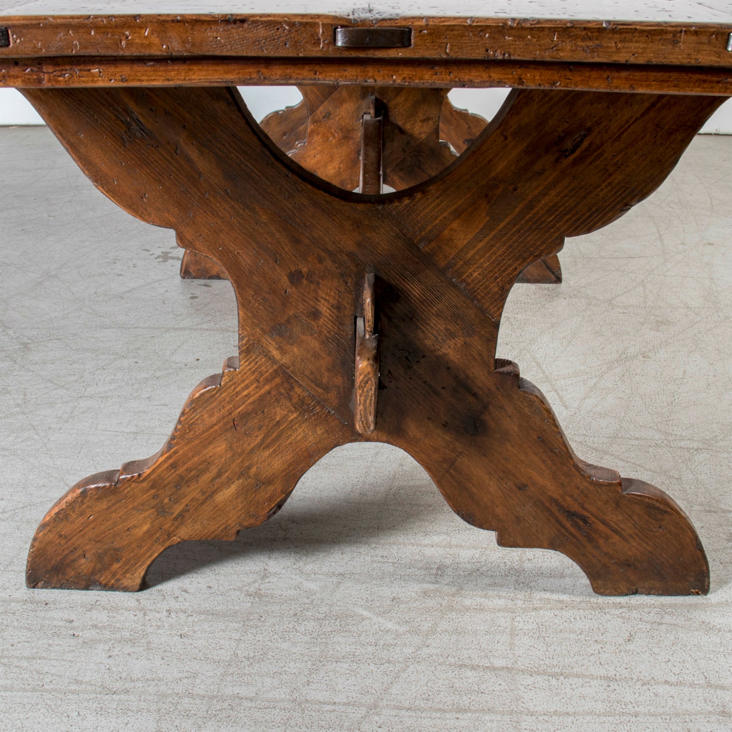 Grand 19th Century Italian Walnut Trestle Table with Scrolled X-Base from Tuscany