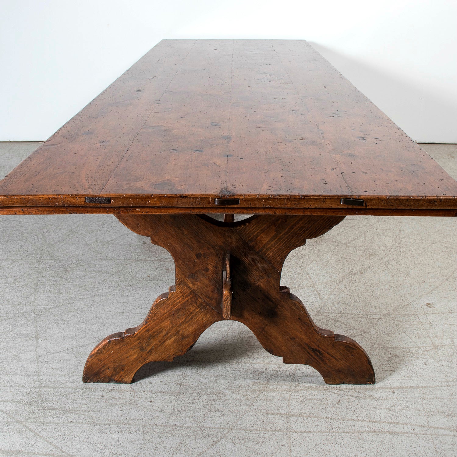 Grand 19th Century Italian Walnut Trestle Table with Scrolled X-Base from Tuscany