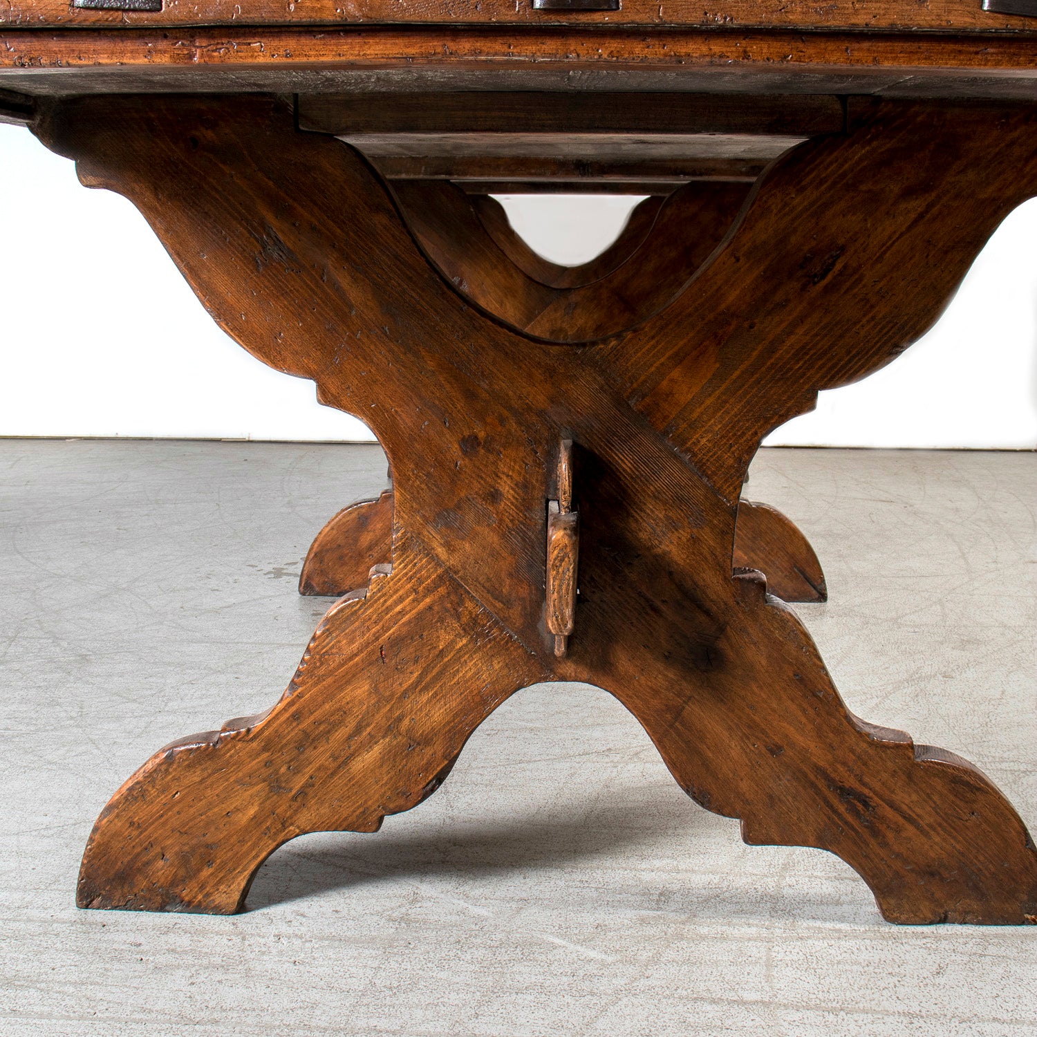 Grand 19th Century Italian Walnut Trestle Table with Scrolled X-Base from Tuscany