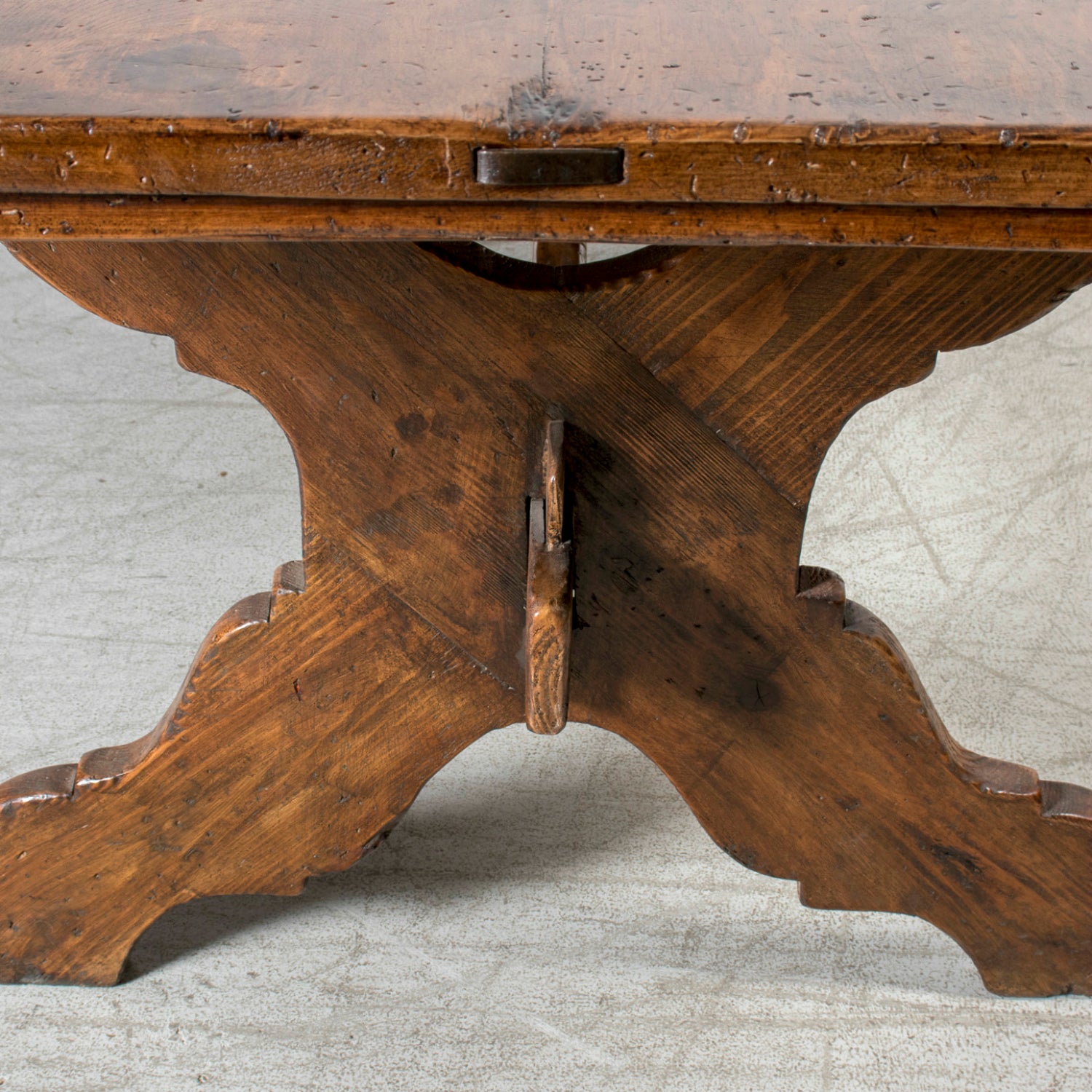Grand 19th Century Italian Walnut Trestle Table with Scrolled X-Base from Tuscany