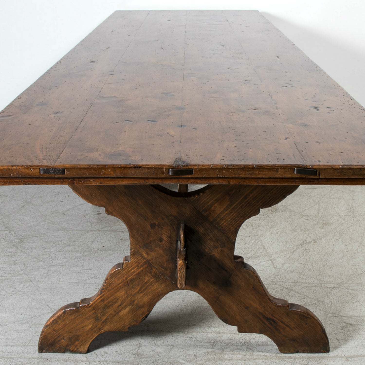 Grand 19th Century Italian Walnut Trestle Table with Scrolled X-Base from Tuscany