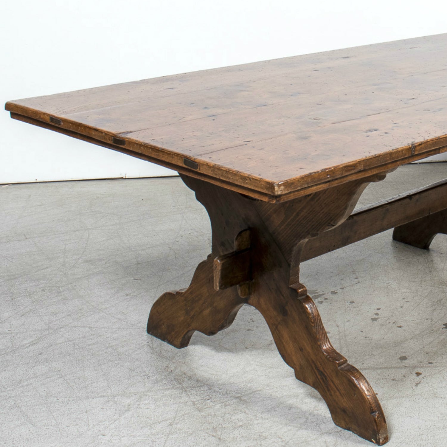 Grand 19th Century Italian Walnut Trestle Table with Scrolled X-Base from Tuscany
