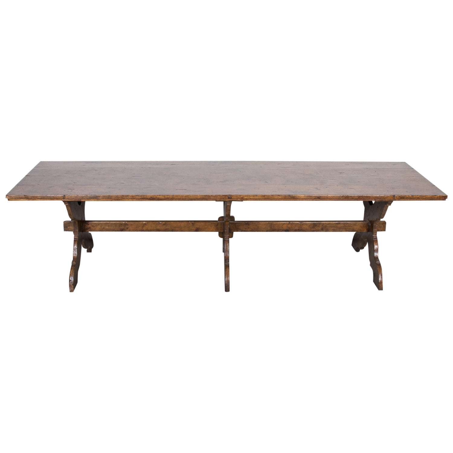 Grand 19th Century Italian Walnut Trestle Table with Scrolled X-Base from Tuscany
