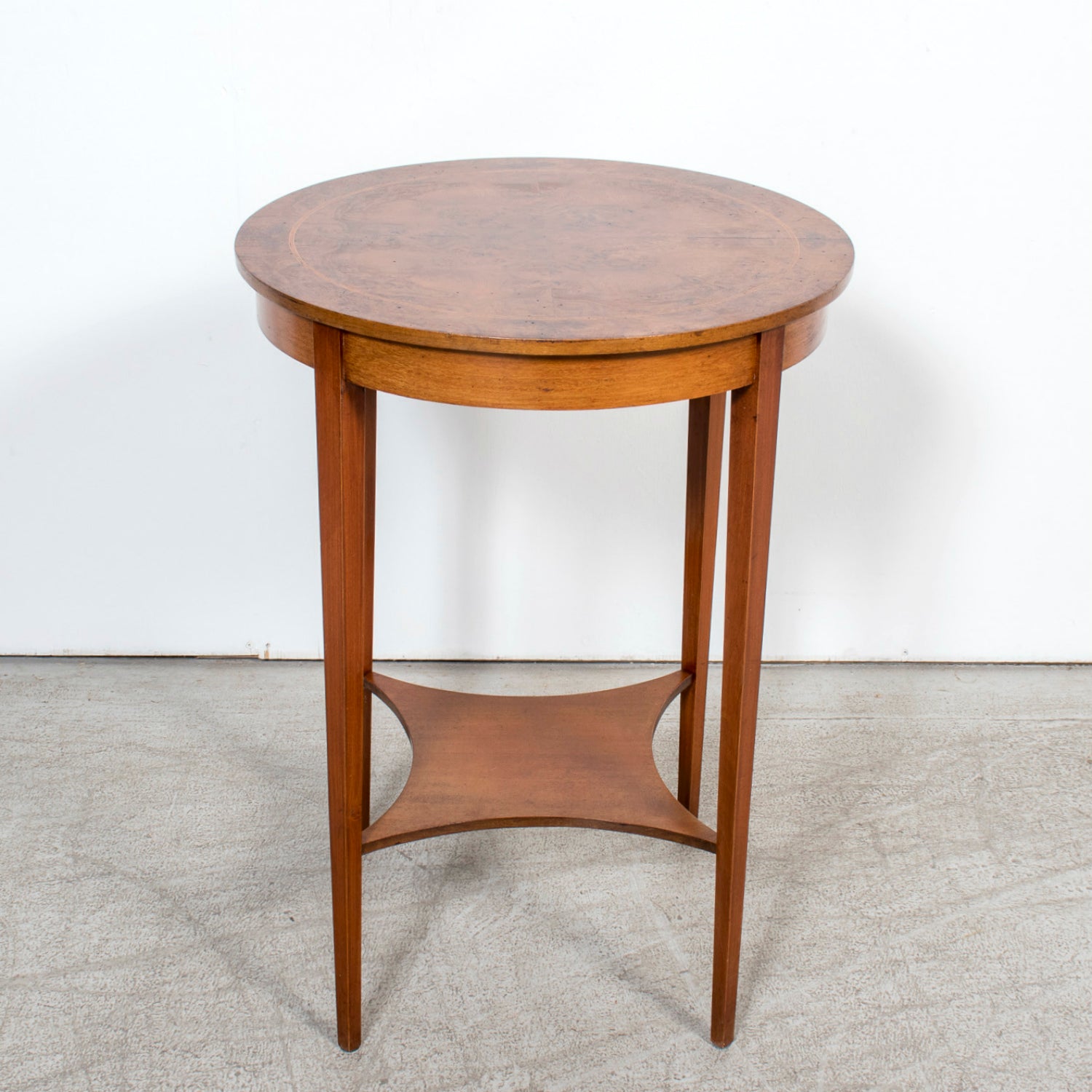 19th Century French Louis XVI Style Burled Walnut Gueridon with Shelf