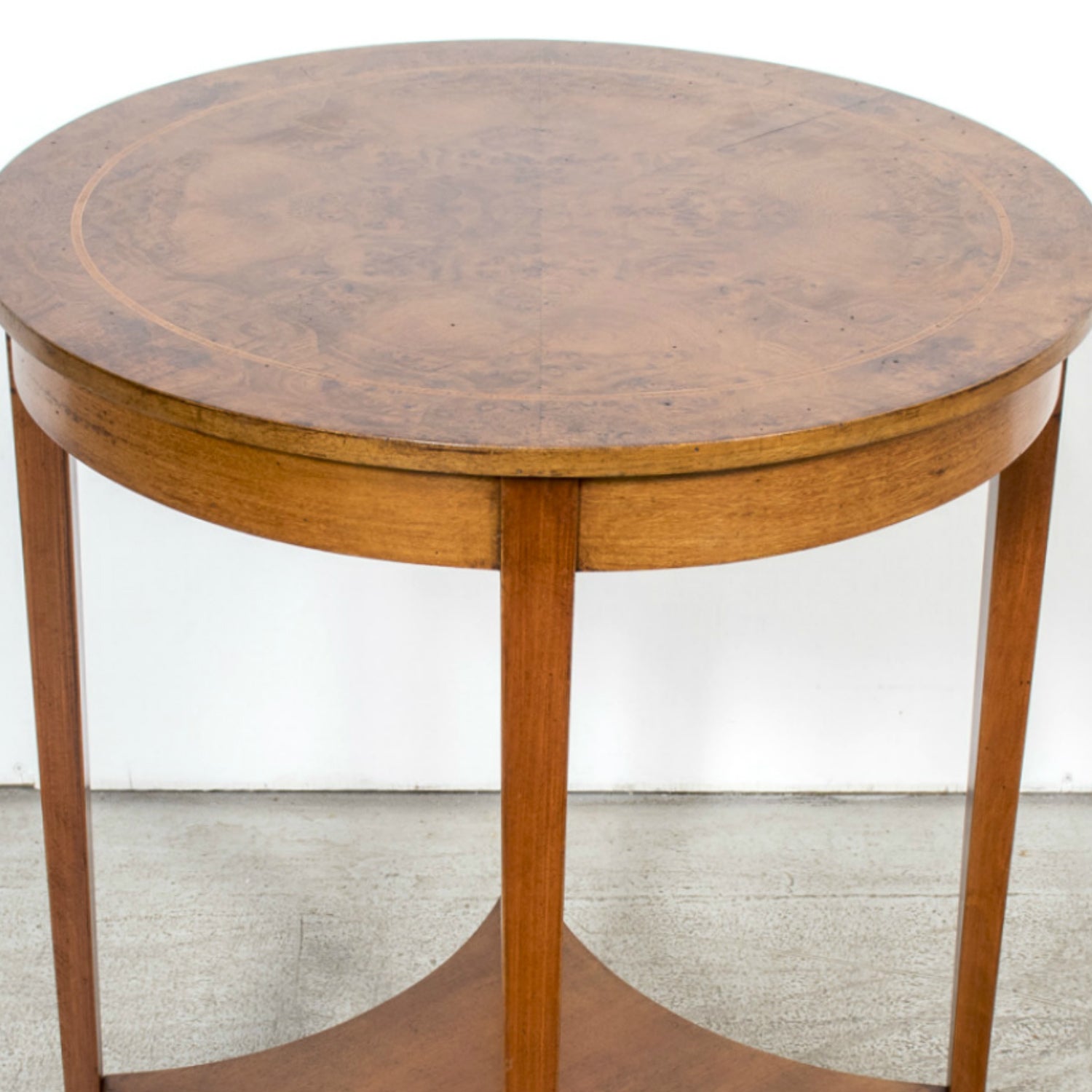 19th Century French Louis XVI Style Burled Walnut Gueridon with Shelf