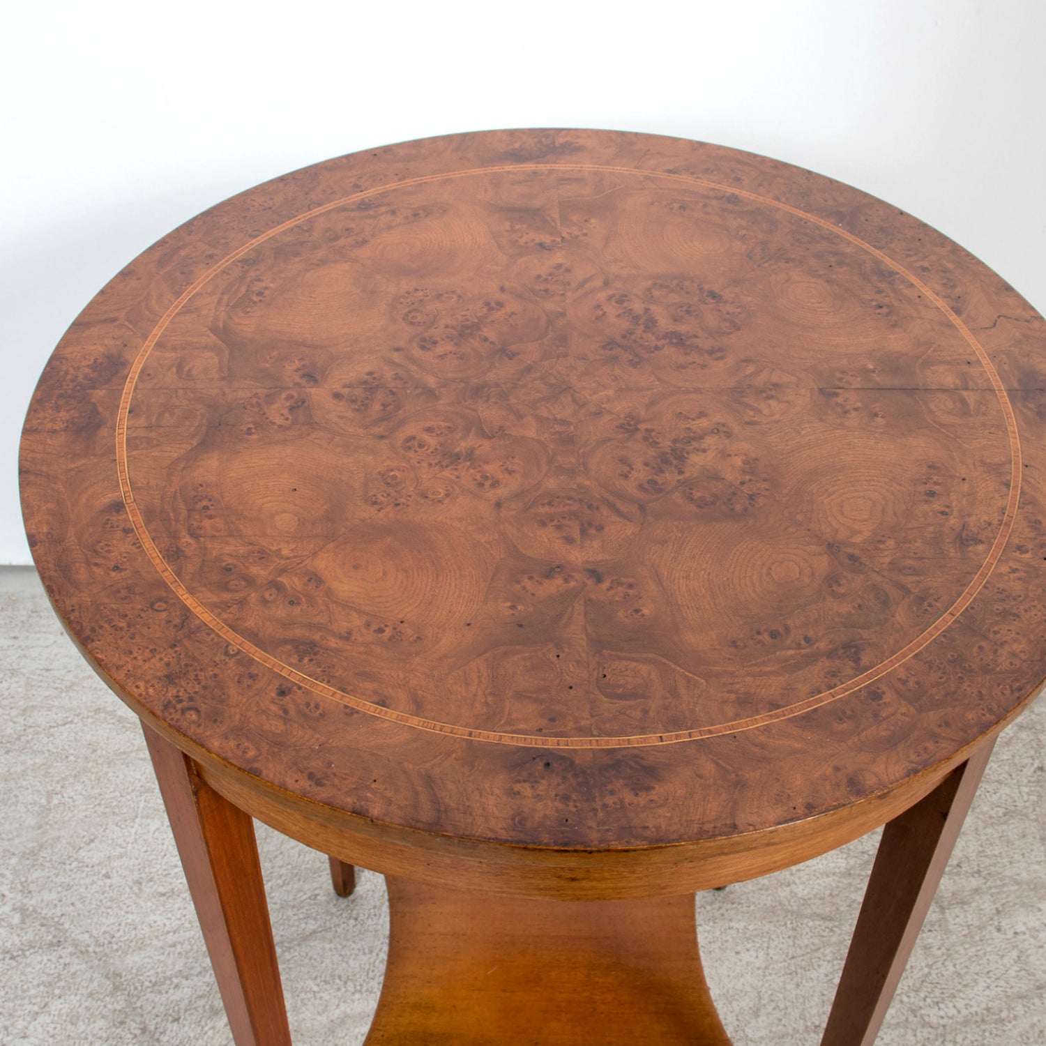 19th Century French Louis XVI Style Burled Walnut Gueridon with Shelf