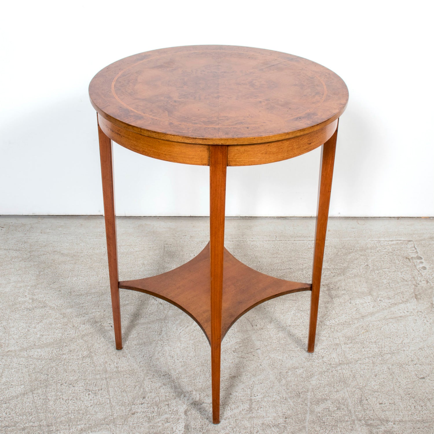 19th Century French Louis XVI Style Burled Walnut Gueridon with Shelf