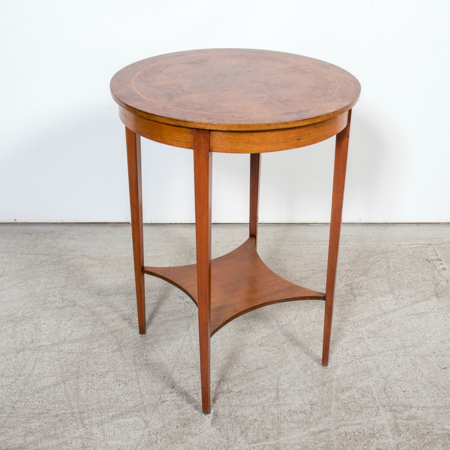 19th Century French Louis XVI Style Burled Walnut Gueridon with Shelf