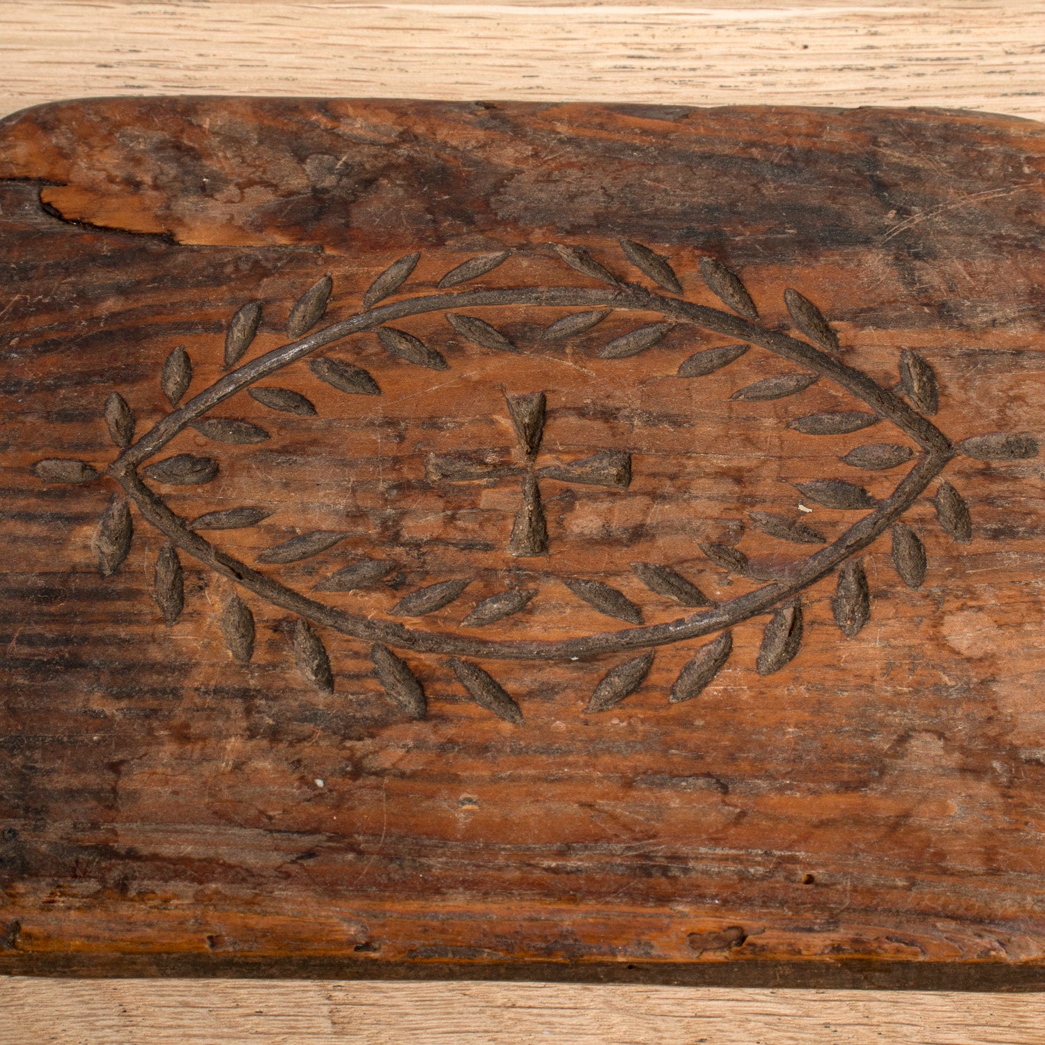 Small 19th Century French Antique Rustic Bread Board or Cutting Board with Carved Cross