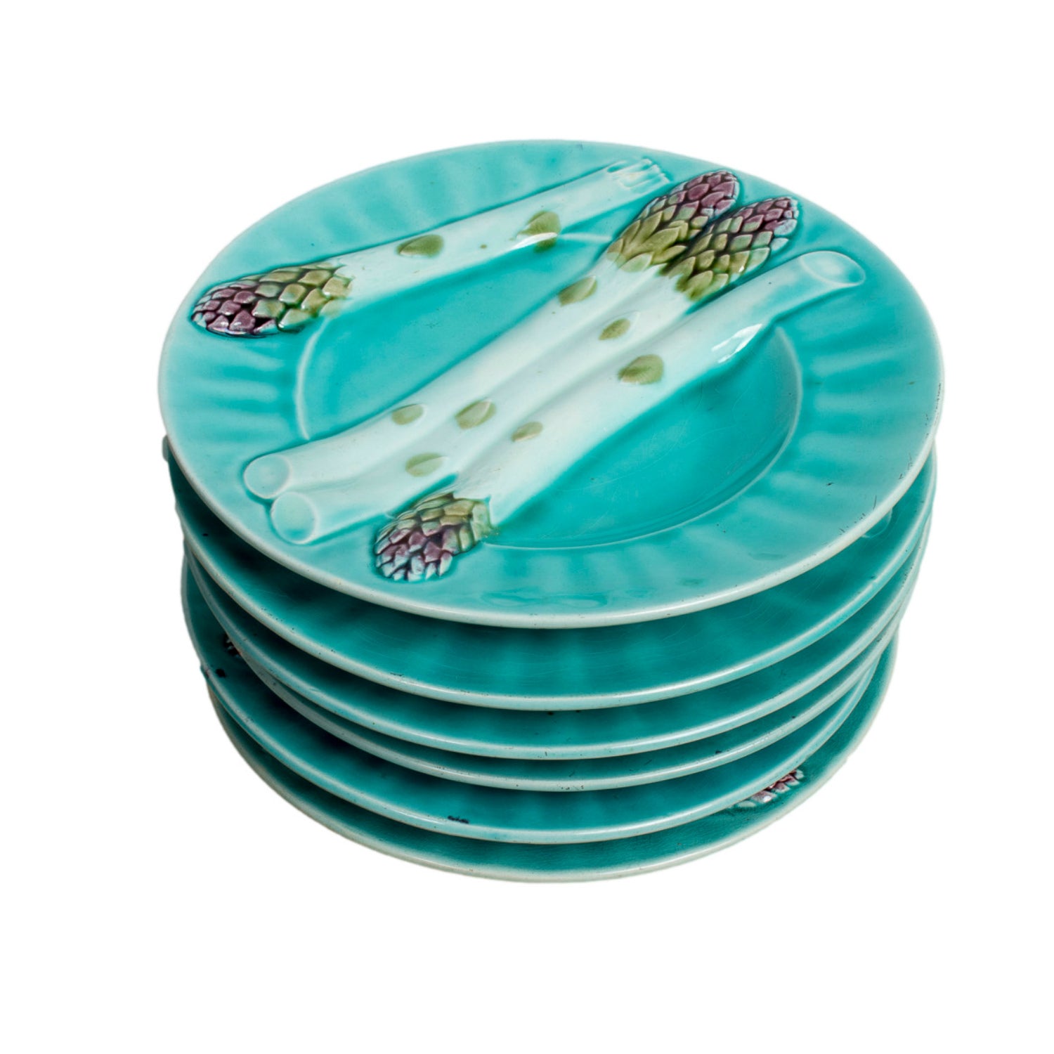 Set of Six 19th Century French Majolica Asparagus Plates by Keller & Guérin Lunéville