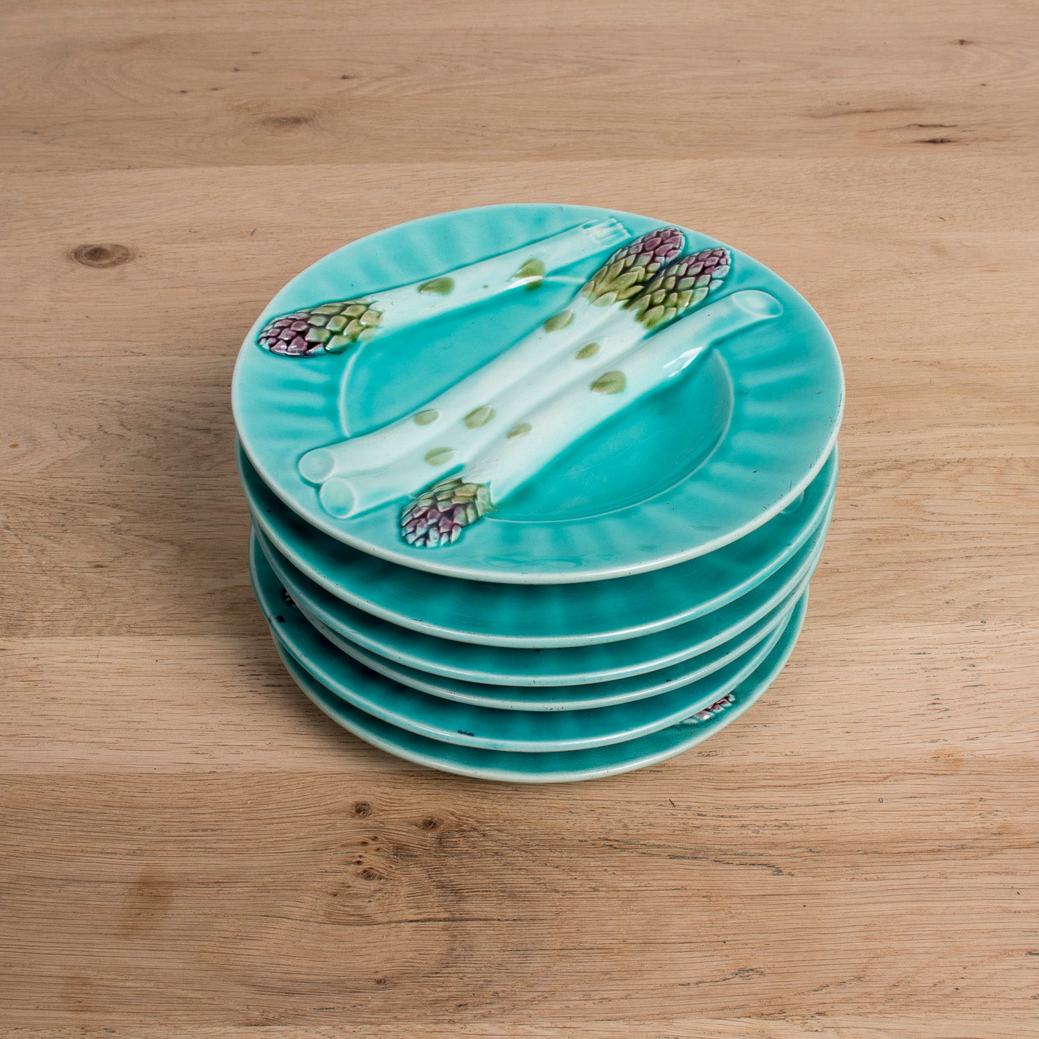 Set of Six 19th Century French Majolica Asparagus Plates by Keller & Guérin Lunéville