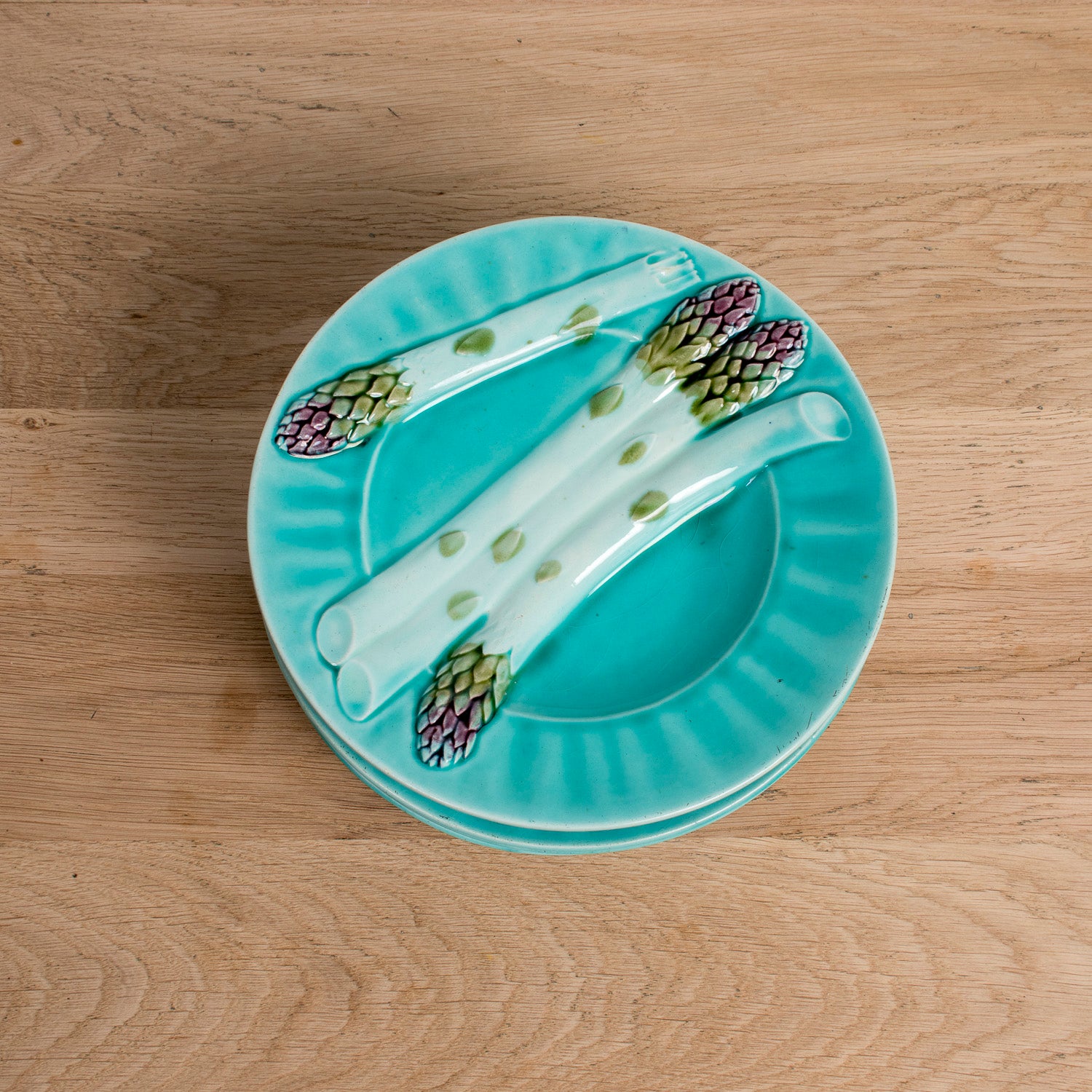 Set of Six 19th Century French Majolica Asparagus Plates by Keller & Guérin Lunéville