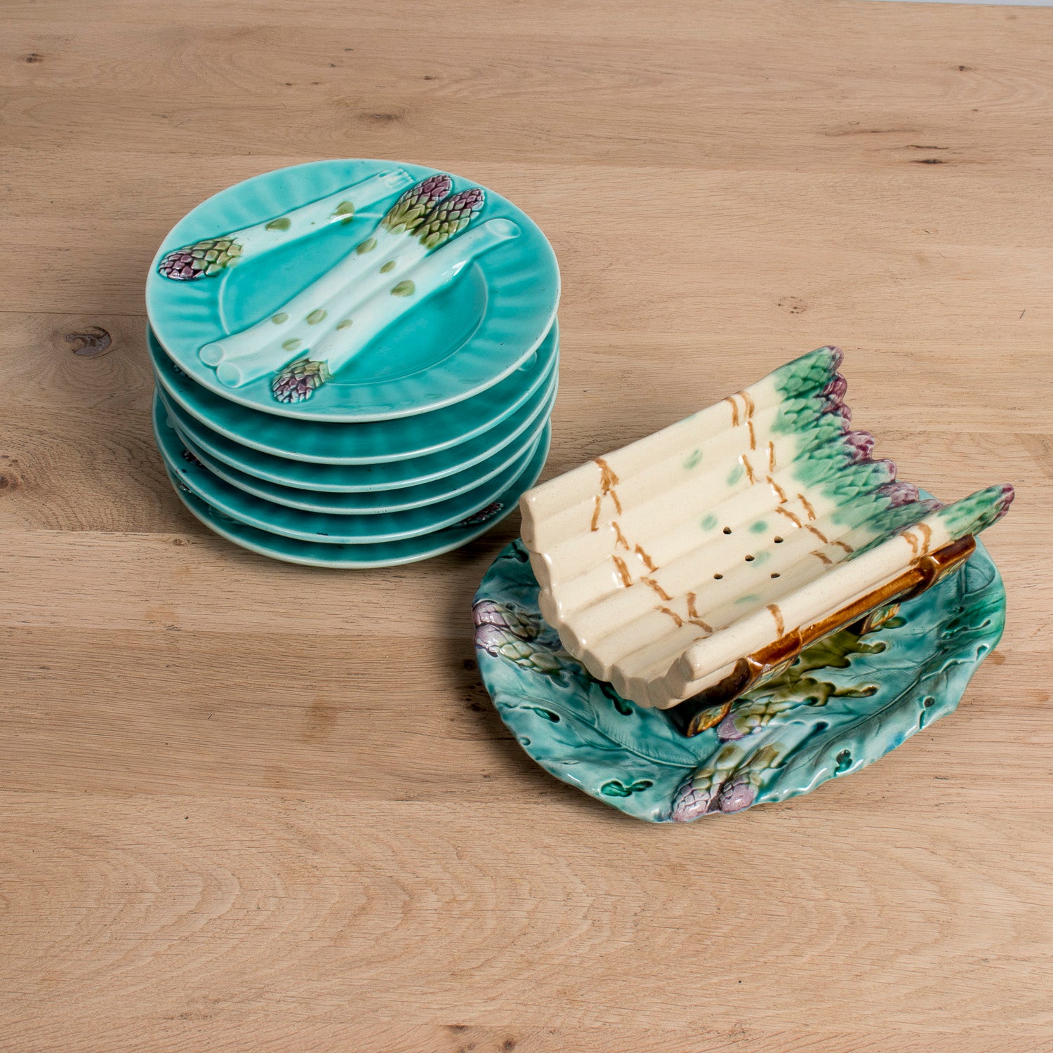 19th Century French Majolica Asparagus Cradle and Platter by Keller & Guérin Lunéville