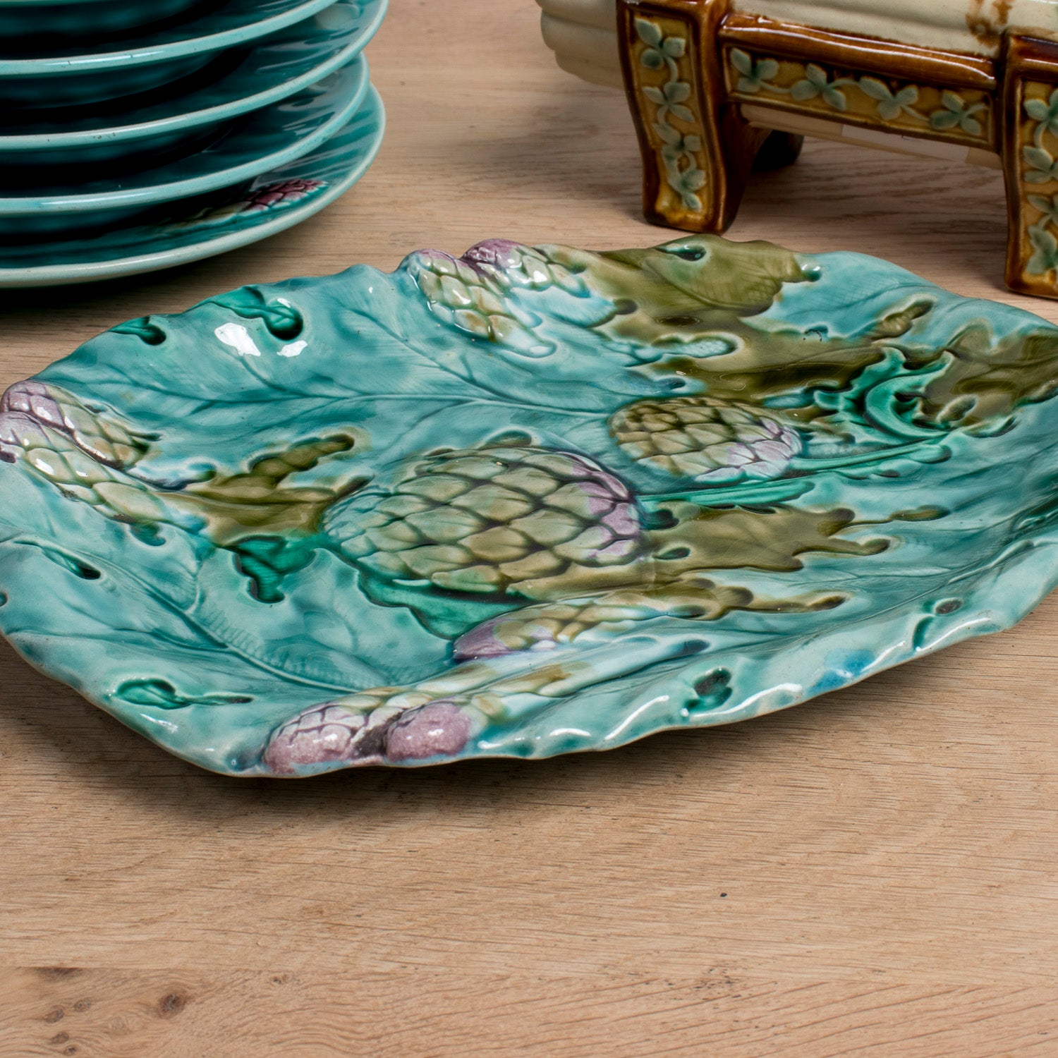 19th Century French Majolica Asparagus Cradle and Platter by Keller & Guérin Lunéville