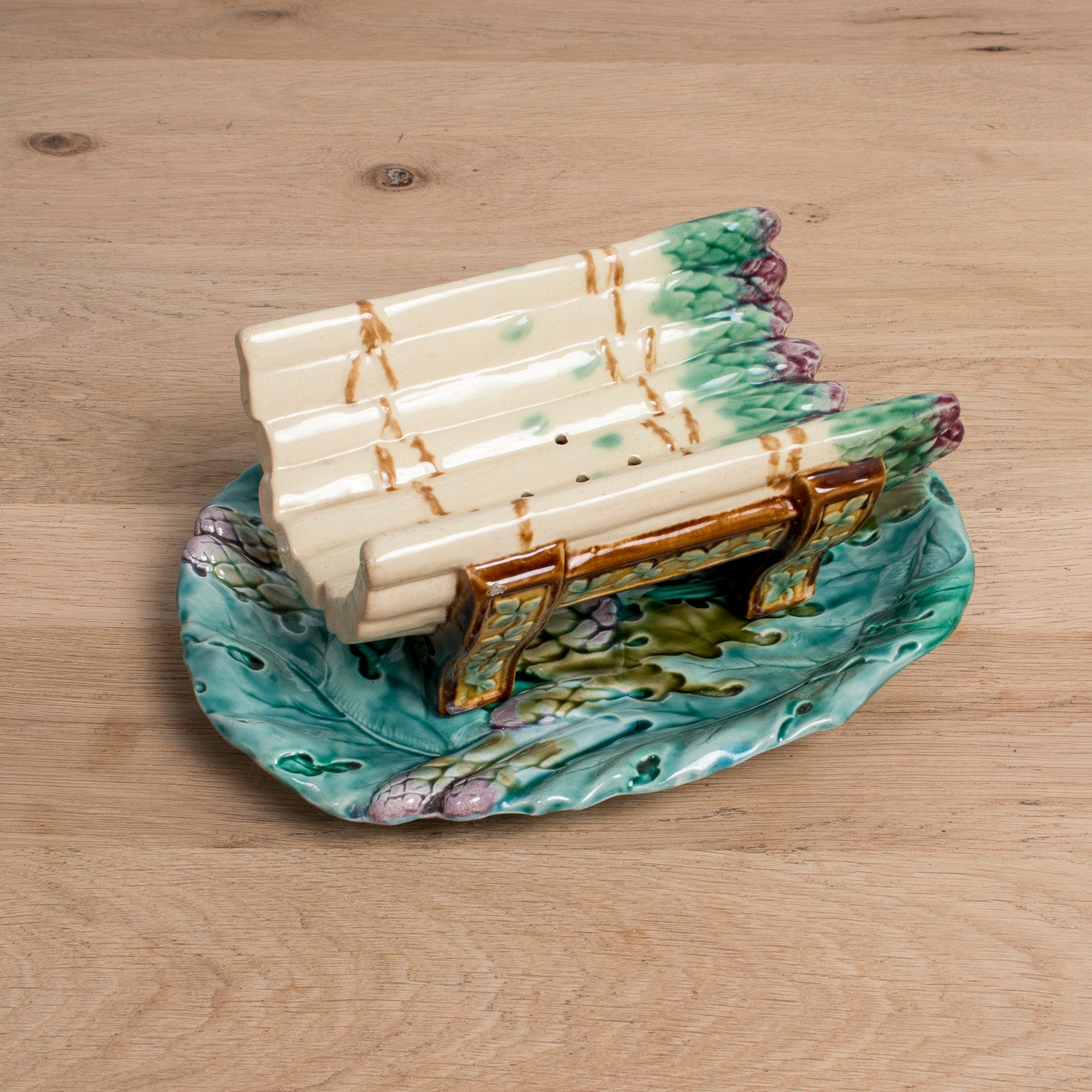 19th Century French Majolica Asparagus Cradle and Platter by Keller & Guérin Lunéville