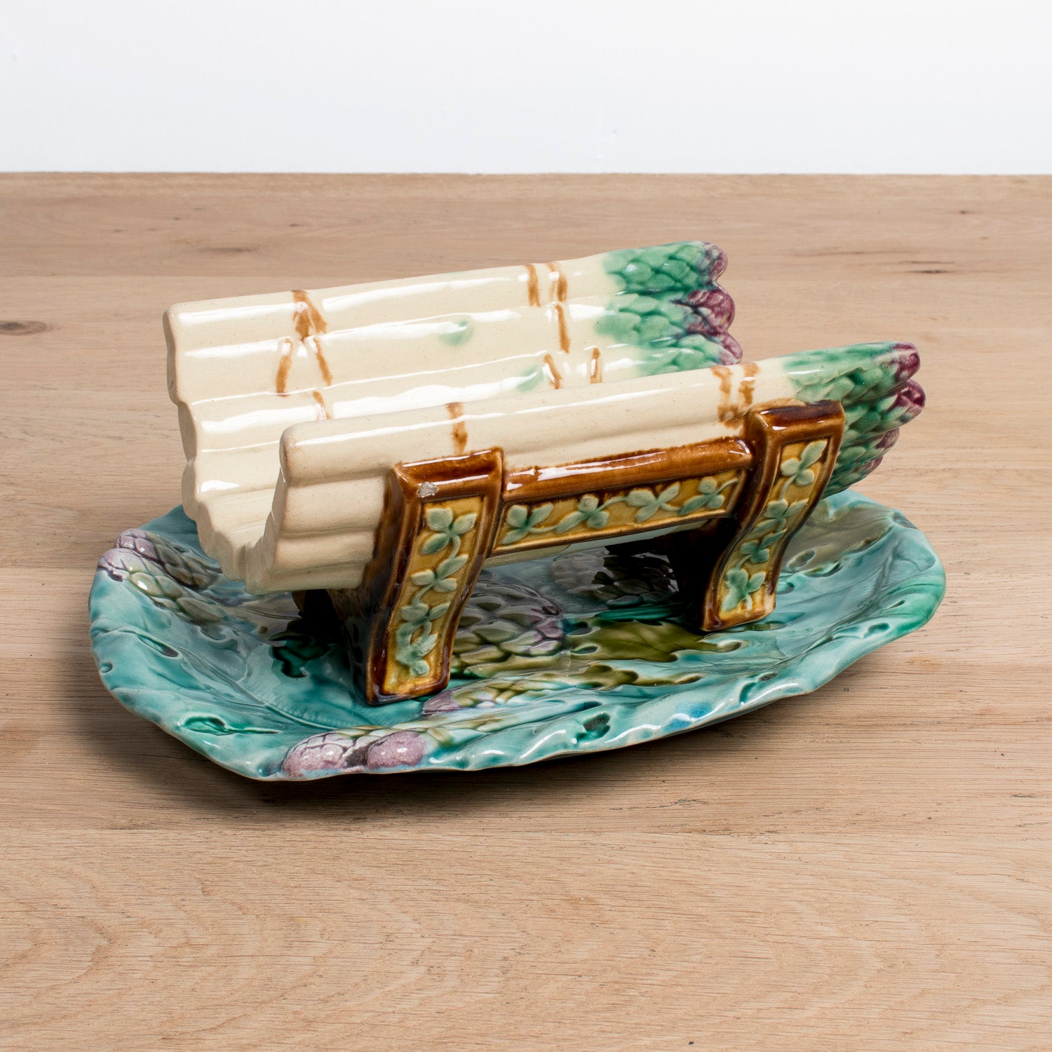 19th Century French Majolica Asparagus Cradle and Platter by Keller & Guérin Lunéville