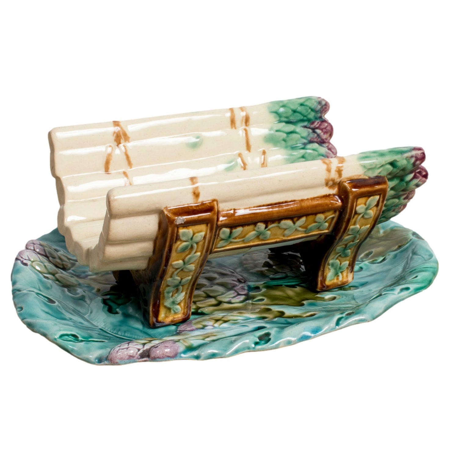 19th Century French Majolica Asparagus Cradle and Platter by Keller & Guérin Lunéville