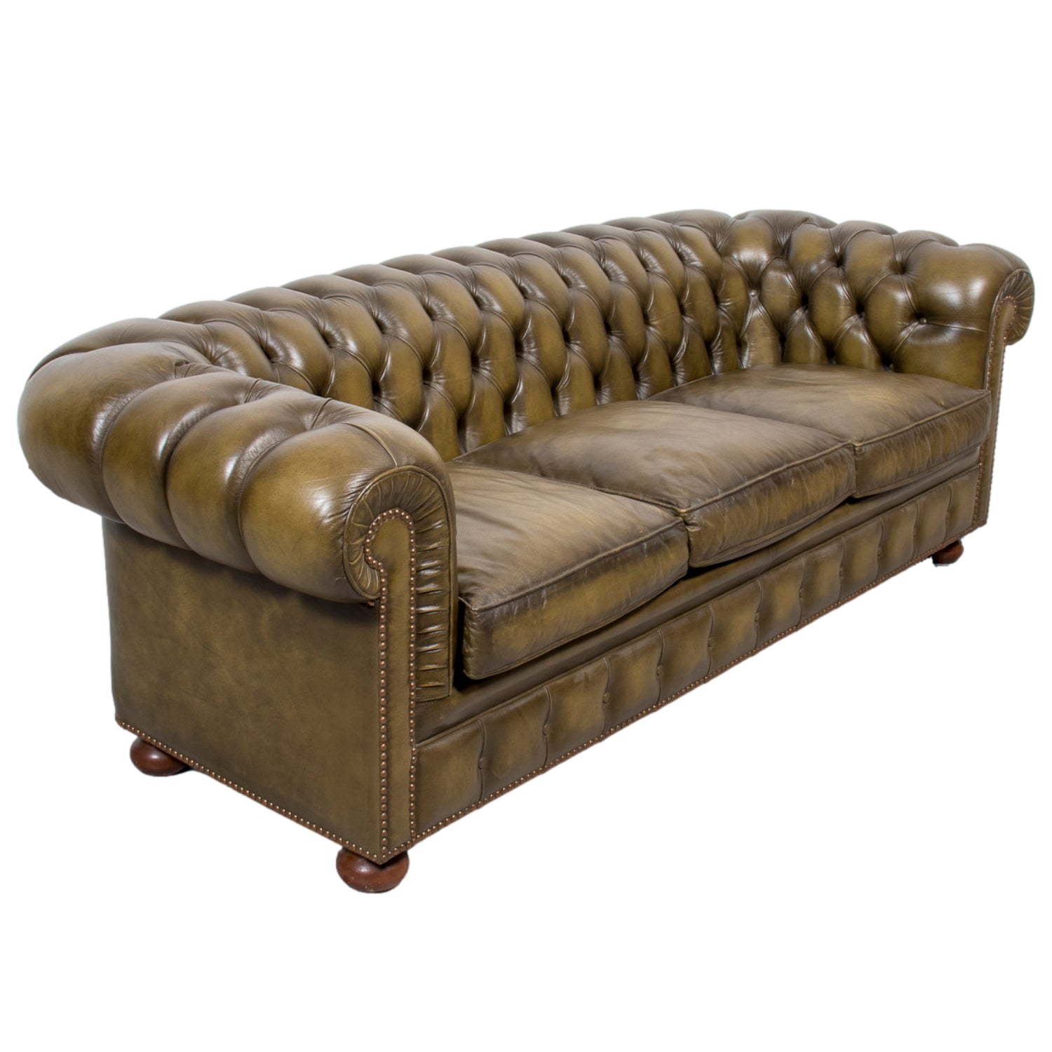 Vintage 1960s English Chesterfield Sofa in Olive Green Leather