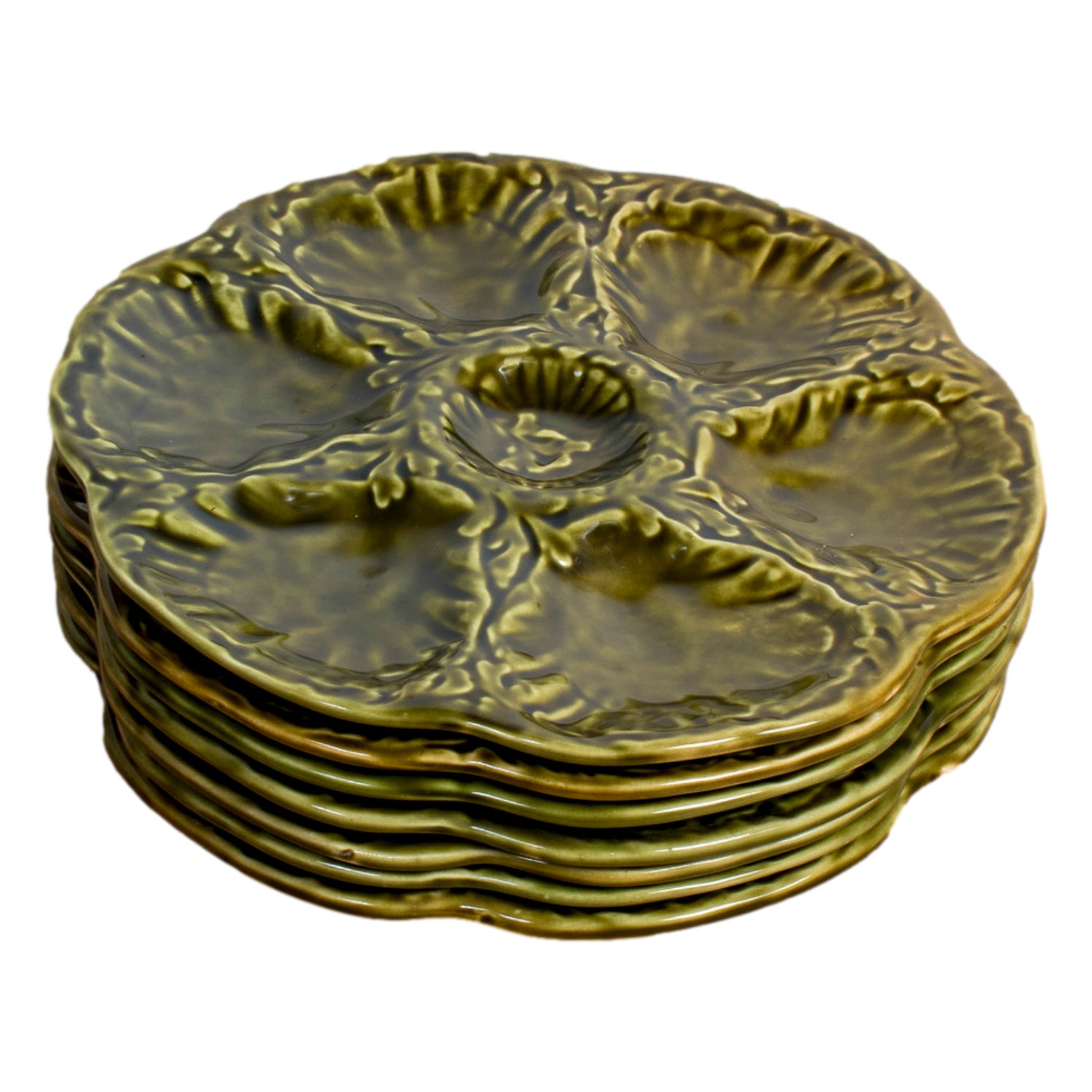 Mid-Century French Gien Green Majolica Oyster Plates — Sold Individually