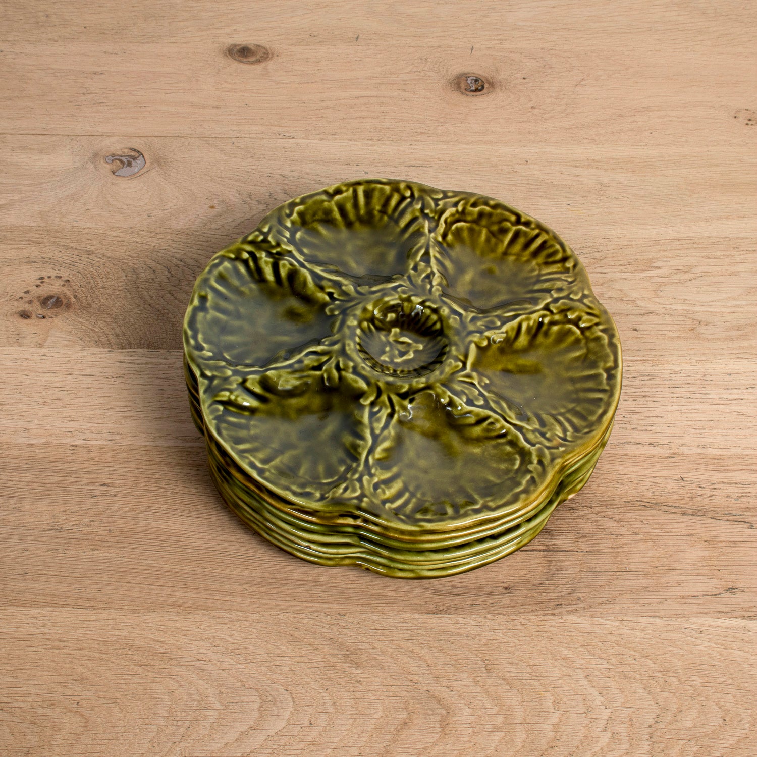 Mid-Century French Gien Green Majolica Oyster Plates — Sold Individually