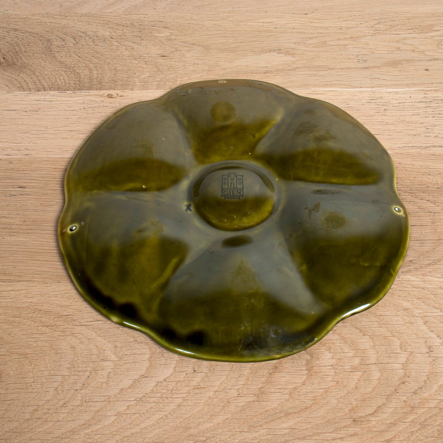 Mid-Century French Gien Green Majolica Oyster Plates — Sold Individually