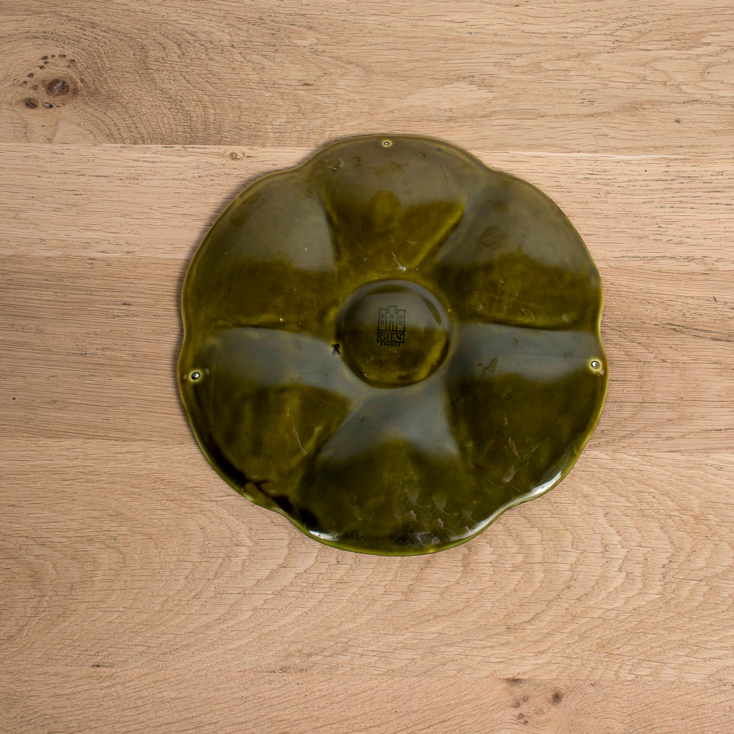 Mid-Century French Gien Green Majolica Oyster Plates — Sold Individually