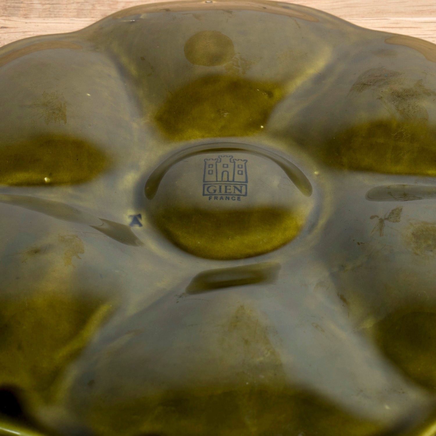 Mid-Century French Gien Green Majolica Oyster Plates — Sold Individually