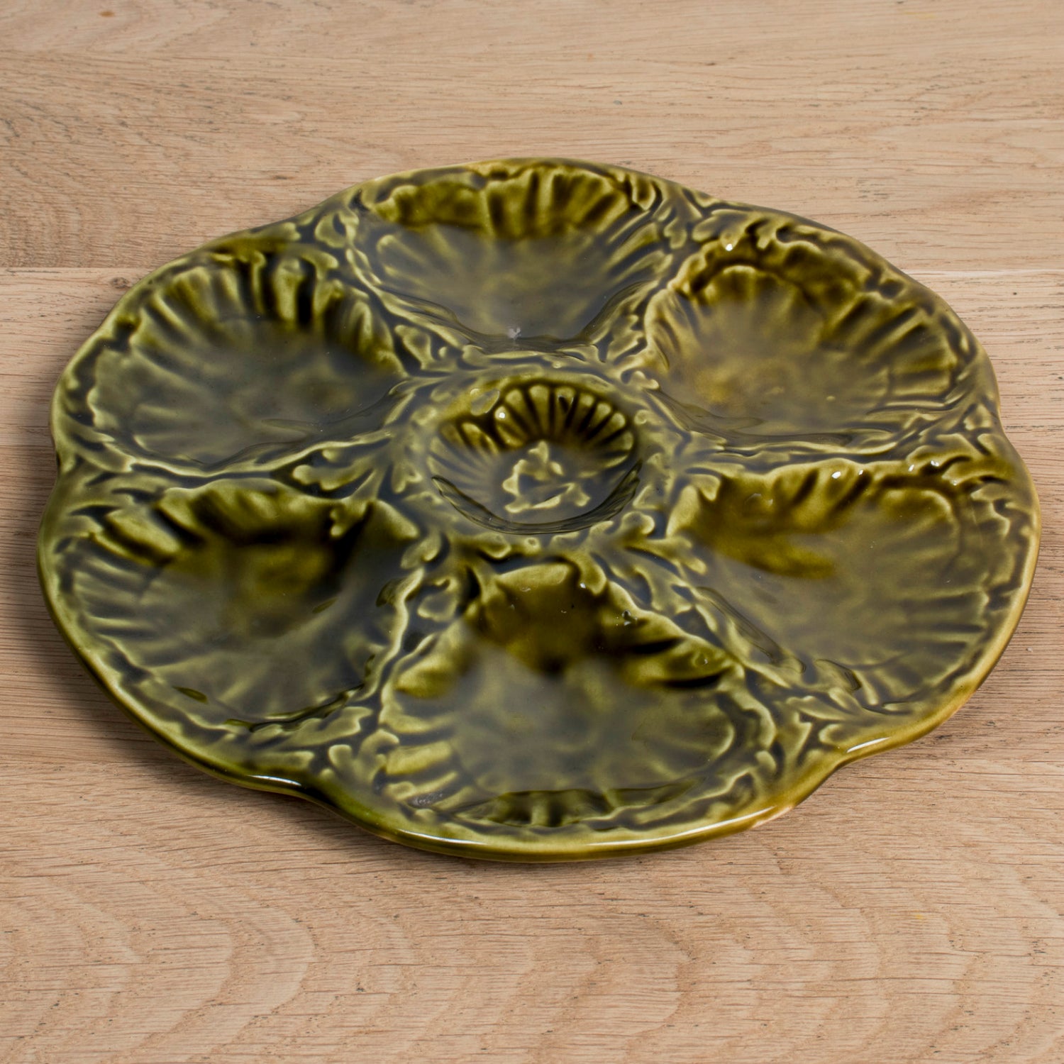 Mid-Century French Gien Green Majolica Oyster Plates — Sold Individually