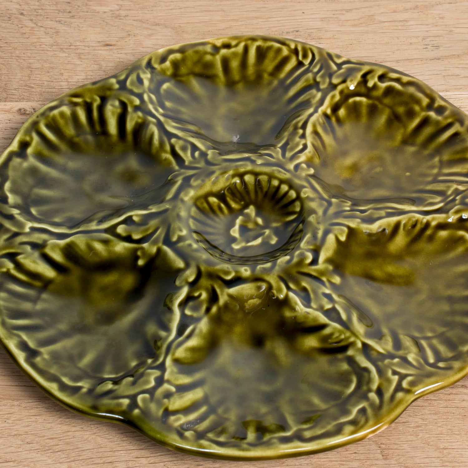 Mid-Century French Gien Green Majolica Oyster Plates — Sold Individually
