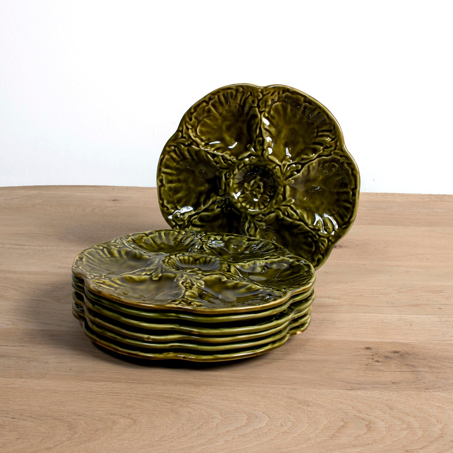 Mid-Century French Gien Green Majolica Oyster Plates — Sold Individually