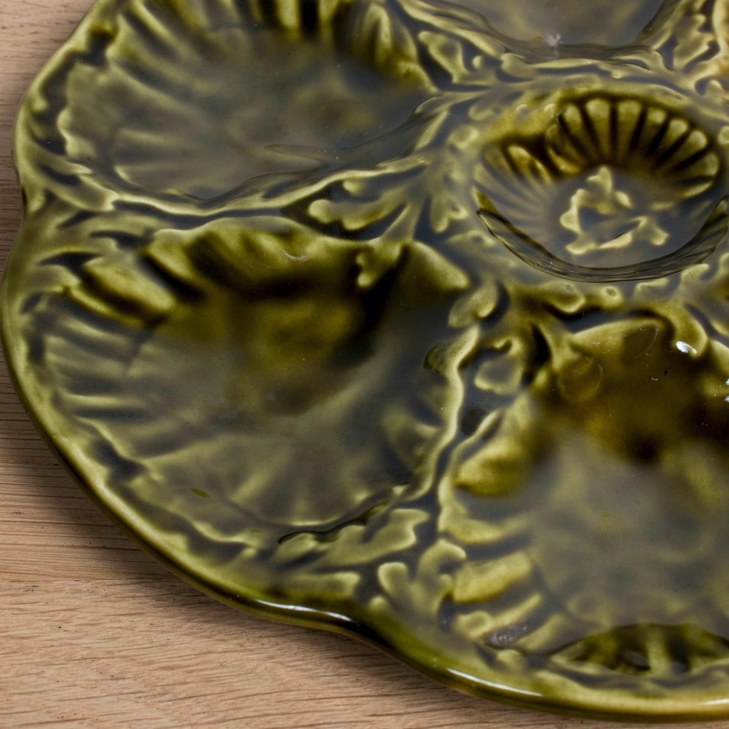 Mid-Century French Gien Green Majolica Oyster Plates — Sold Individually