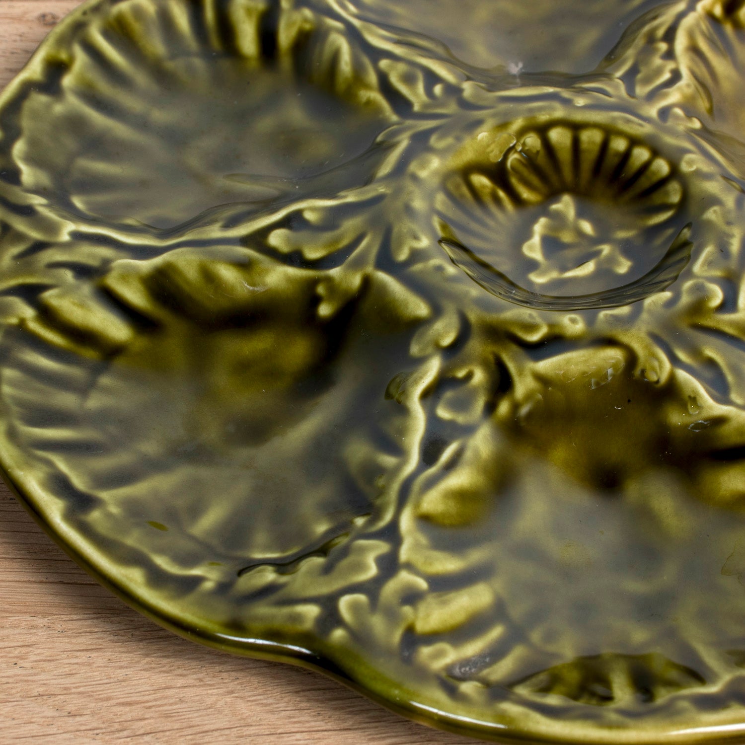 Mid-Century French Gien Green Majolica Oyster Plates — Sold Individually