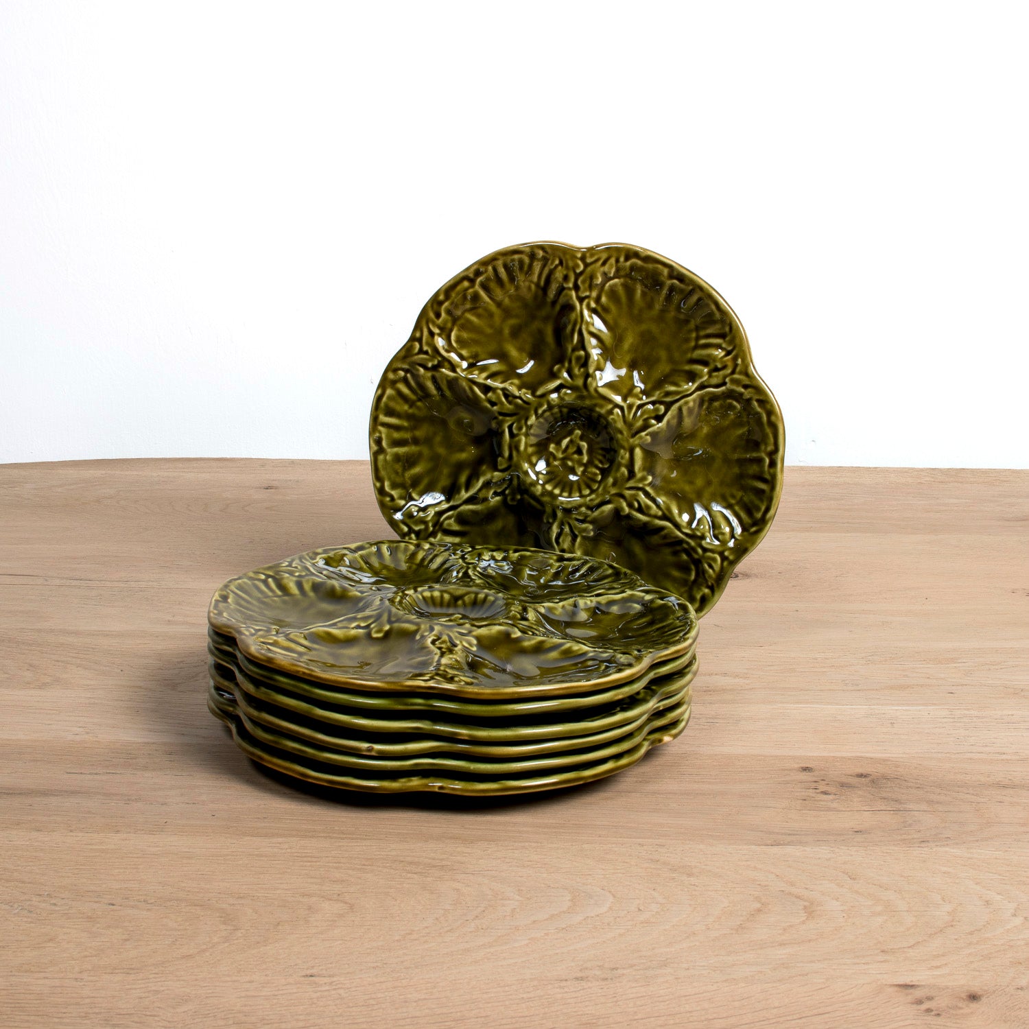 Mid-Century French Gien Green Majolica Oyster Plates — Sold Individually