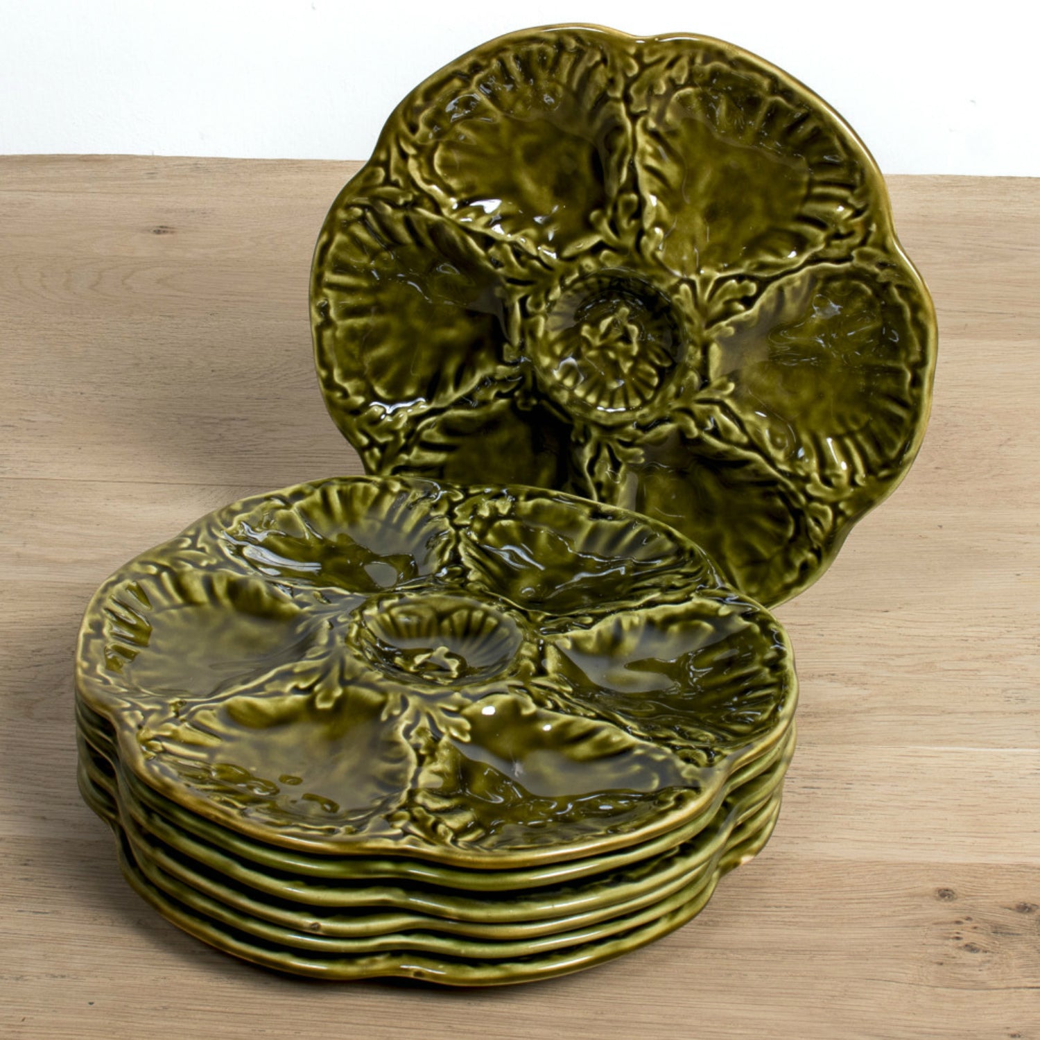 Mid-Century French Gien Green Majolica Oyster Plates — Sold Individually