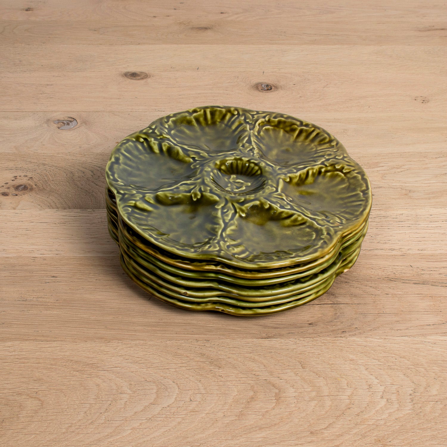 Mid-Century French Gien Green Majolica Oyster Plates — Sold Individually