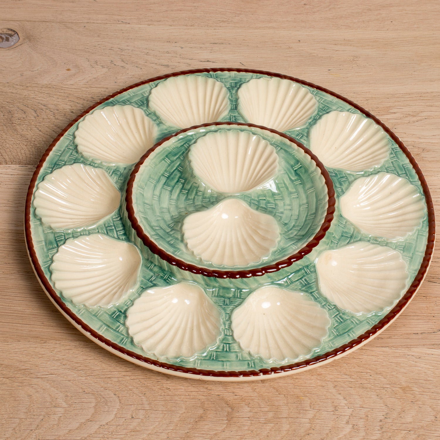 19th Century Antique French Oyster Platter St. Clément Faïence Basketweave & Rope Design
