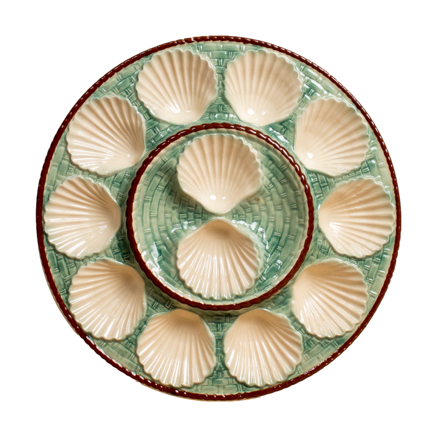19th Century Antique French Oyster Platter St. Clément Faïence Basketweave & Rope Design