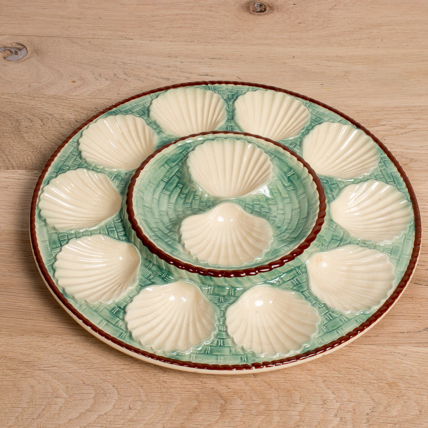 19th Century Antique French Oyster Platter St. Clément Faïence Basketweave & Rope Design