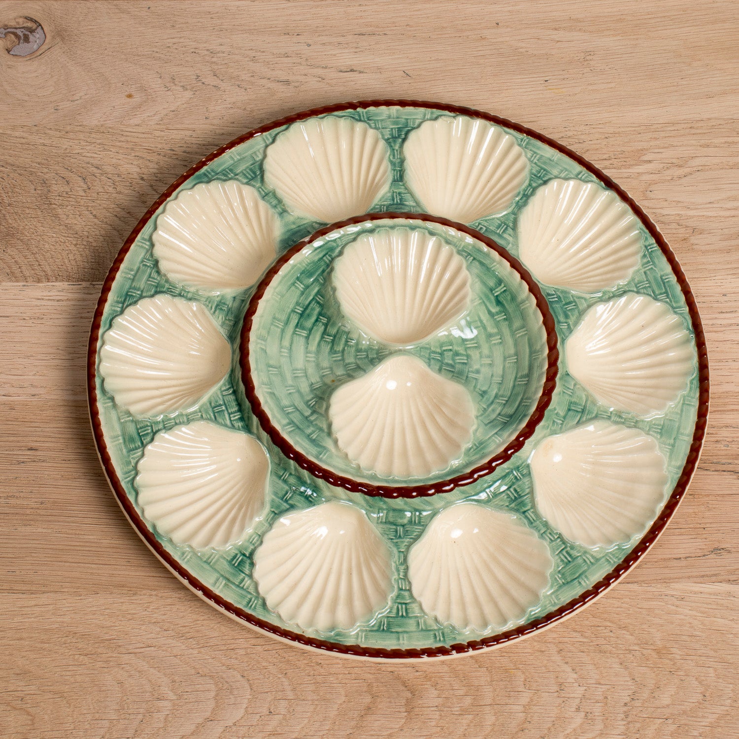19th Century Antique French Oyster Platter St. Clément Faïence Basketweave & Rope Design