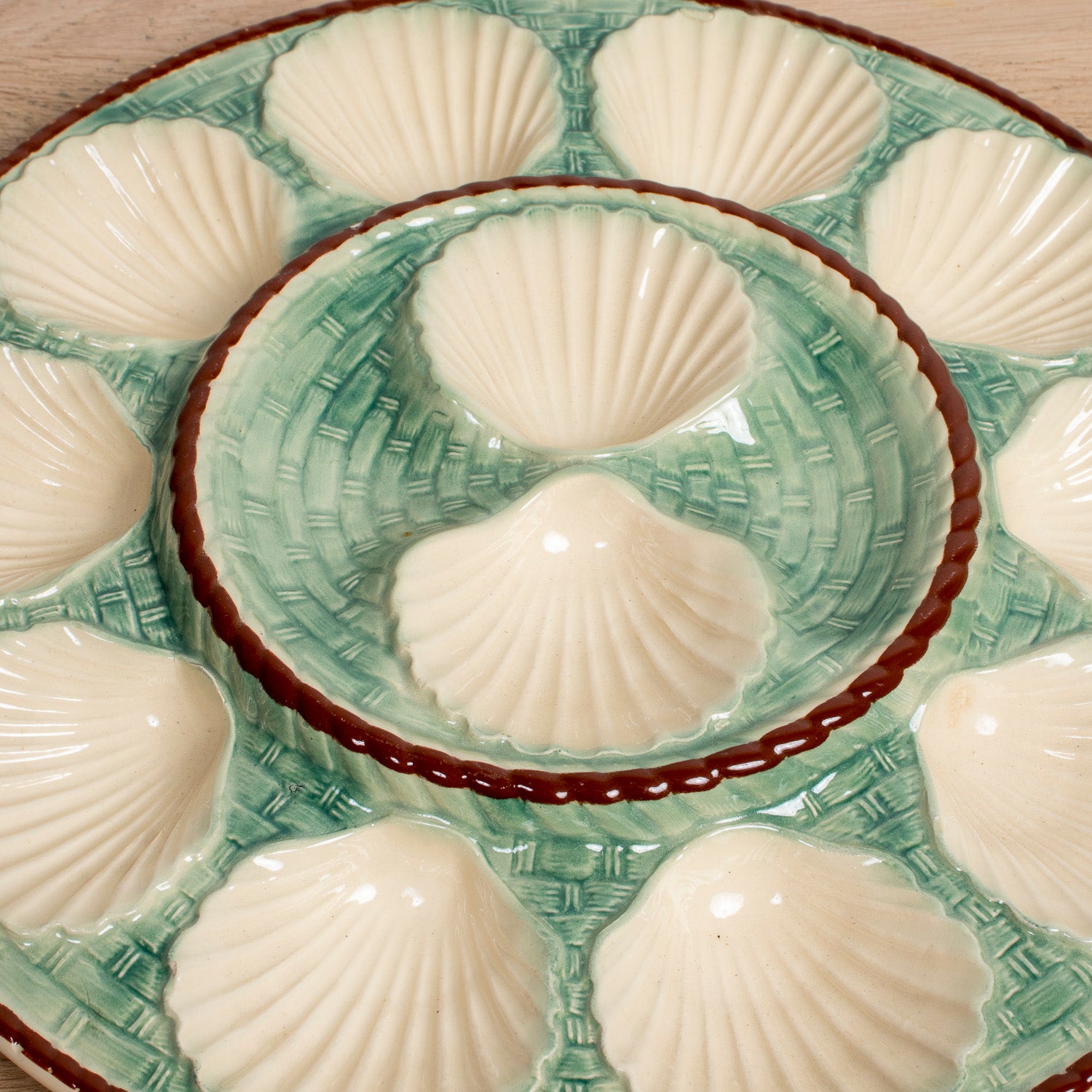 19th Century Antique French Oyster Platter St. Clément Faïence Basketweave & Rope Design