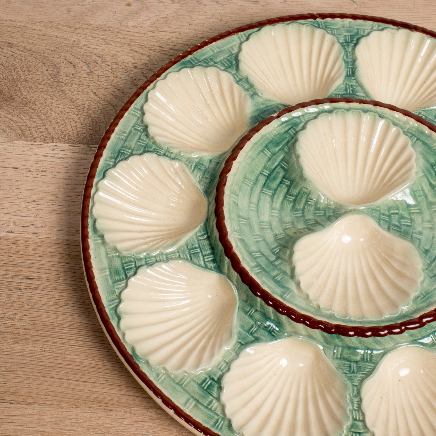 19th Century Antique French Oyster Platter St. Clément Faïence Basketweave & Rope Design