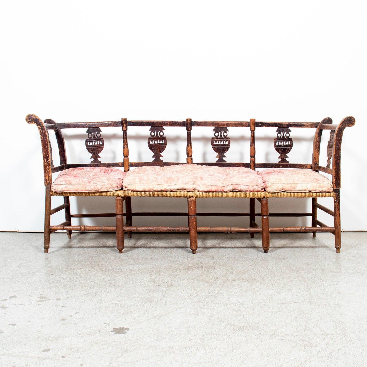 Late 18th Century French Directoire Period Carved Rush Seat Radassier Bench with Cushions