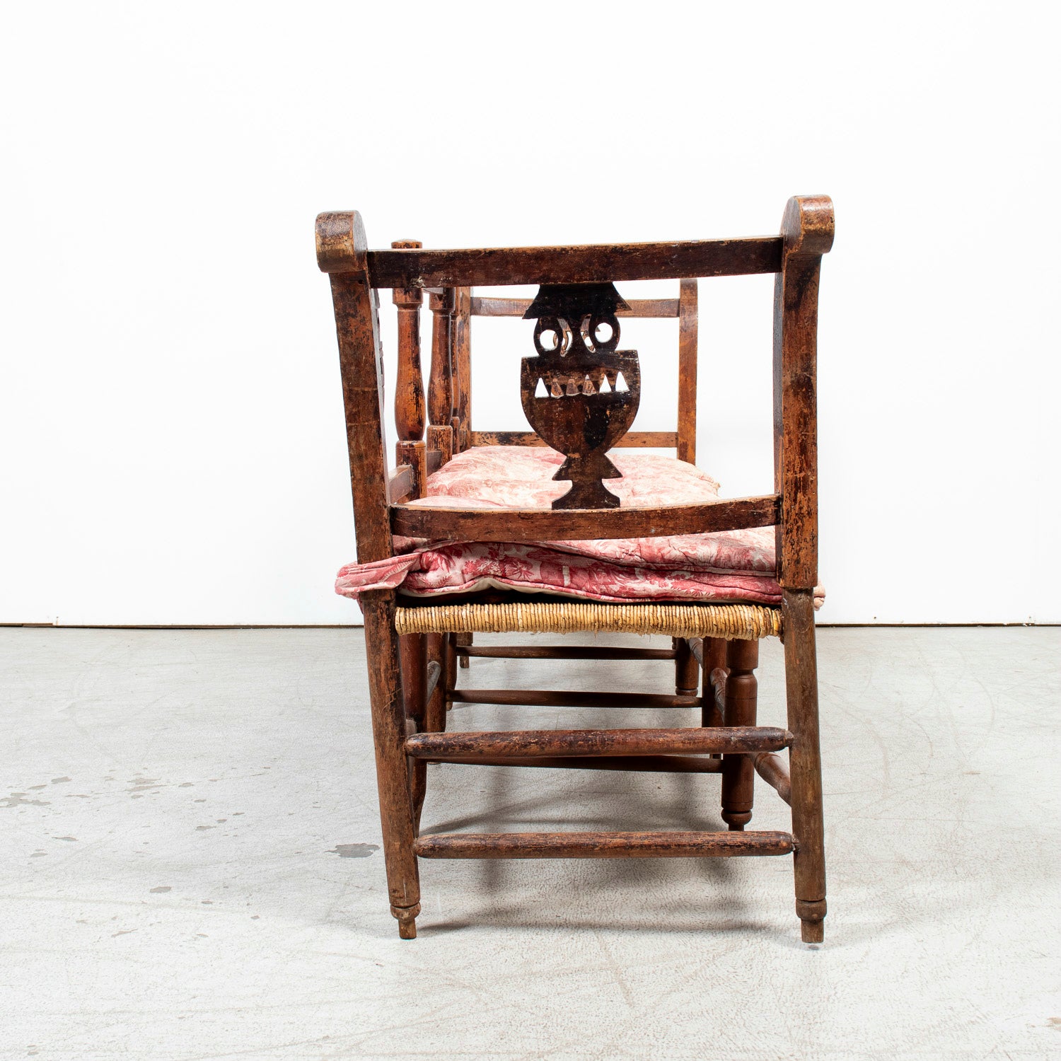 Late 18th Century French Directoire Period Carved Rush Seat Radassier Bench with Cushions