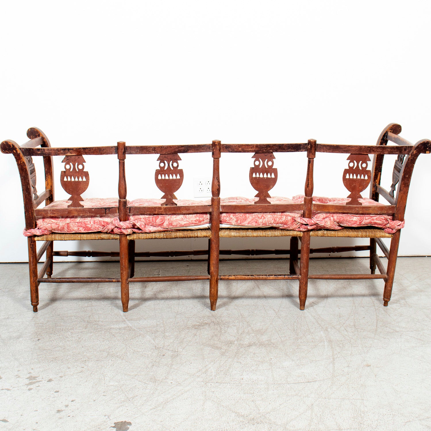 Late 18th Century French Directoire Period Carved Rush Seat Radassier Bench with Cushions