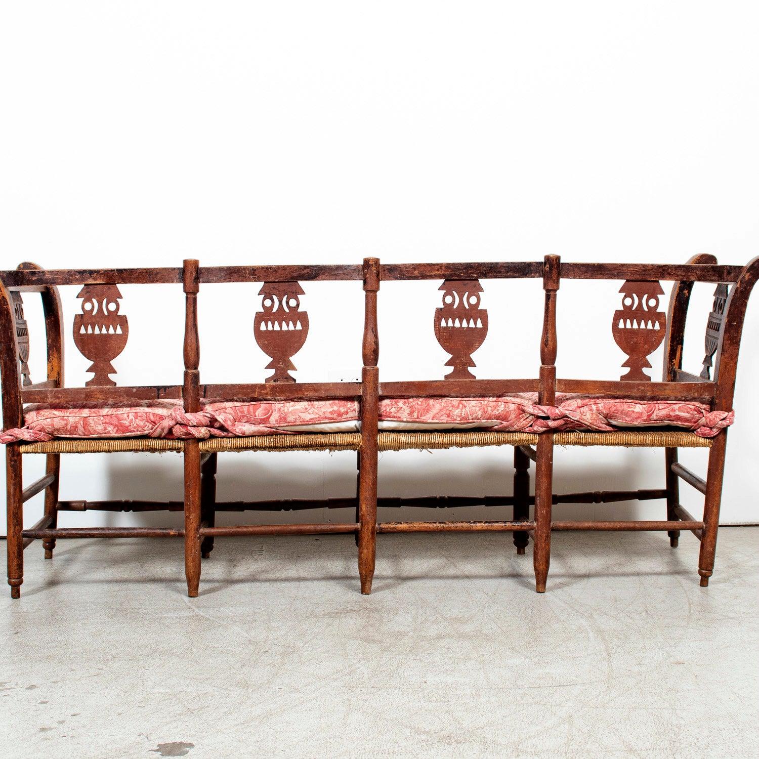 Late 18th Century French Directoire Period Carved Rush Seat Radassier Bench with Cushions