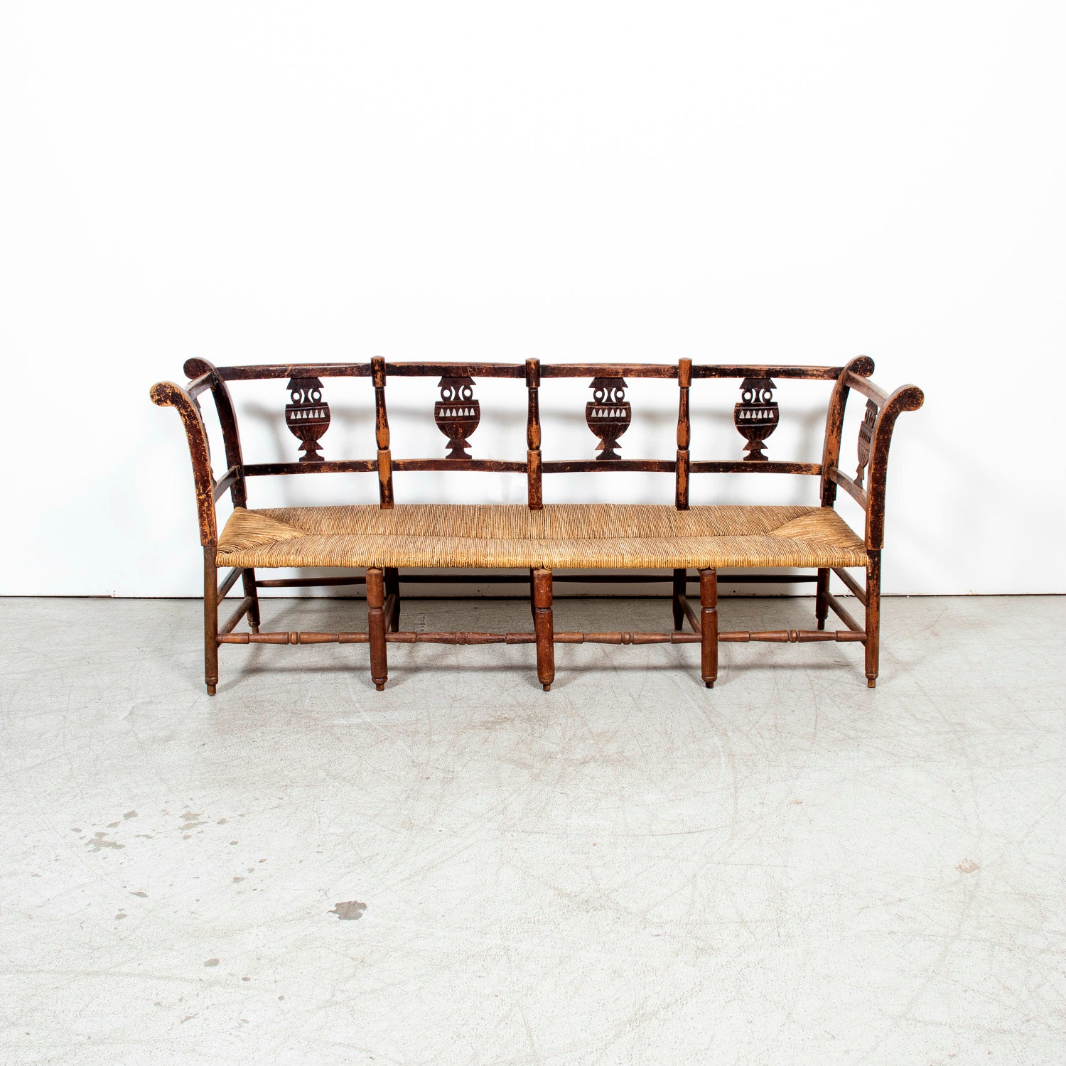 Late 18th Century French Directoire Period Carved Rush Seat Radassier Bench with Cushions